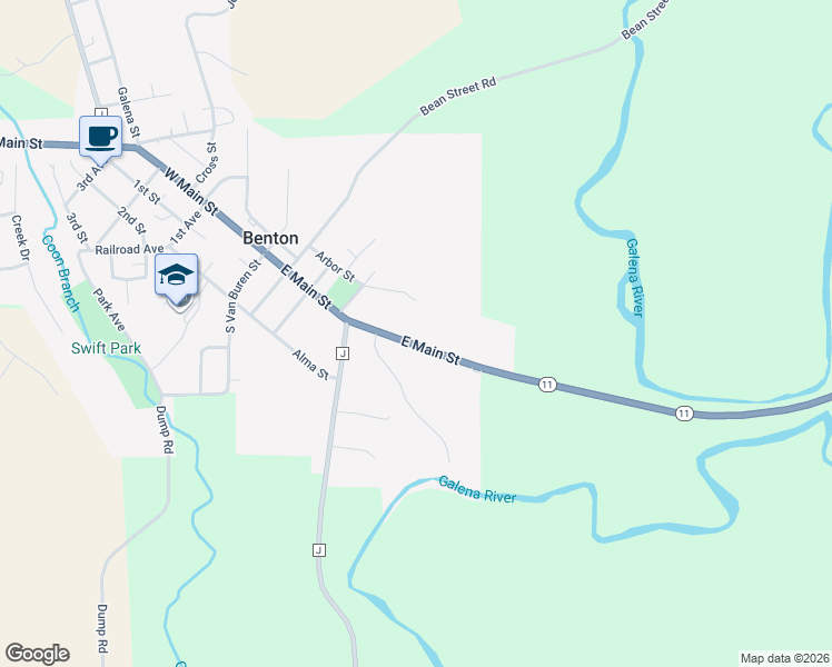 map of restaurants, bars, coffee shops, grocery stores, and more near 460 East Main Street in Benton