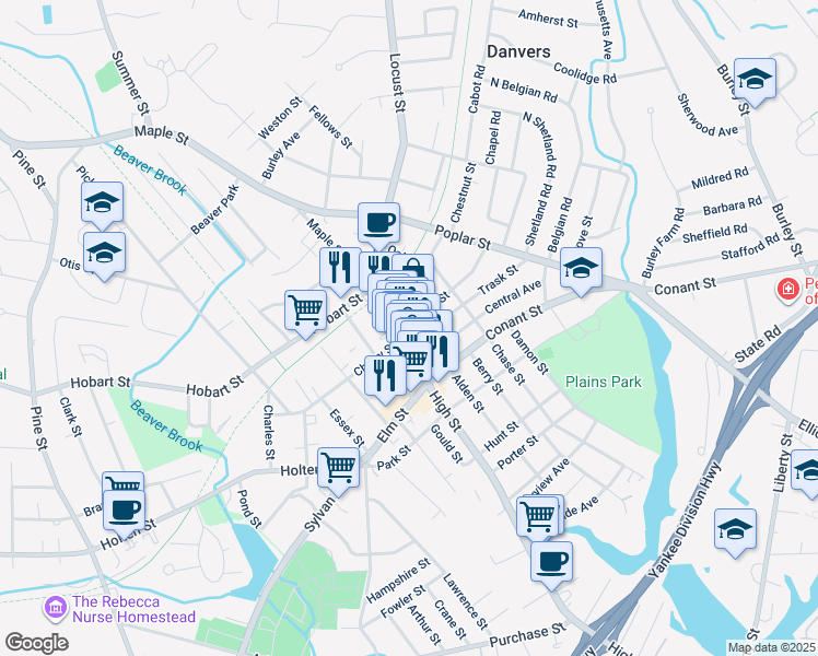 map of restaurants, bars, coffee shops, grocery stores, and more near 1A School Street in Danvers