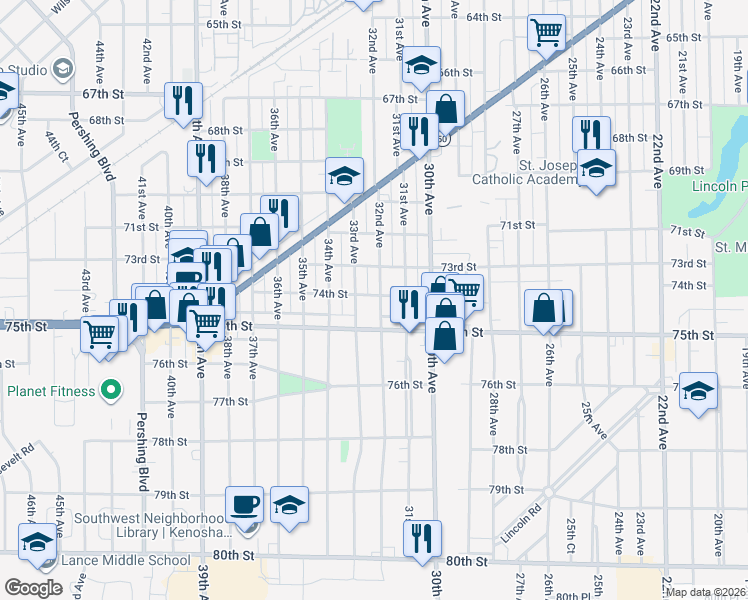 map of restaurants, bars, coffee shops, grocery stores, and more near 3205 74th Street in Kenosha