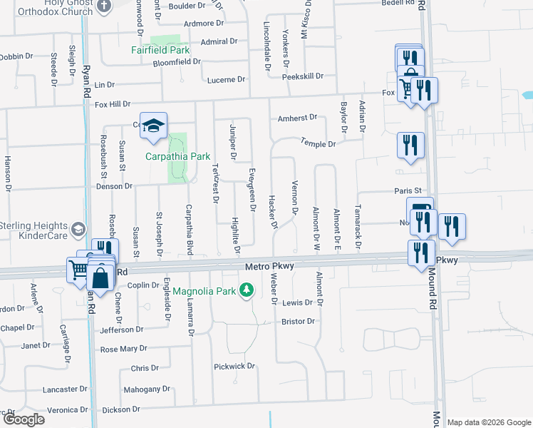 map of restaurants, bars, coffee shops, grocery stores, and more near 37237 Hacker Drive in Sterling Heights