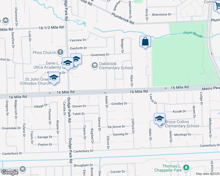 map of restaurants, bars, coffee shops, grocery stores, and more near 37115 Castleton Drive in Sterling Heights