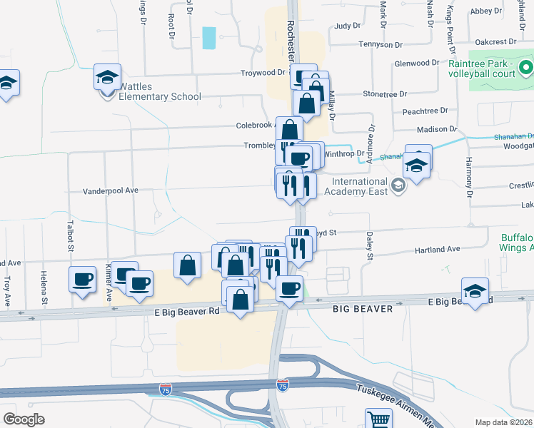 map of restaurants, bars, coffee shops, grocery stores, and more near 935 Harris Drive in Troy