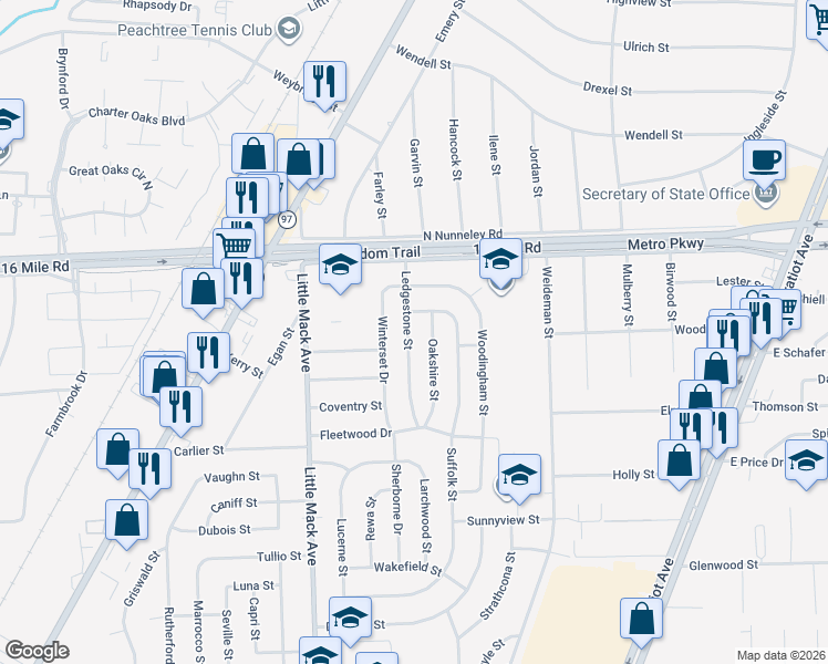 map of restaurants, bars, coffee shops, grocery stores, and more near 36606 Ledgestone Street in Macomb County