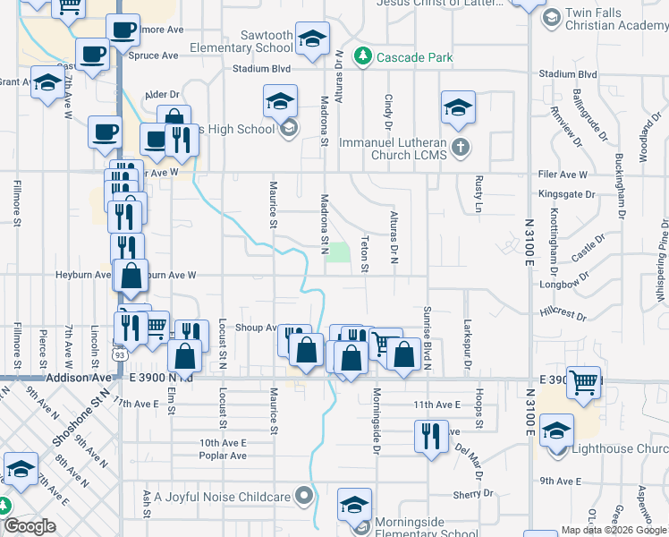 map of restaurants, bars, coffee shops, grocery stores, and more near 1813 Heyburn Avenue East in Twin Falls