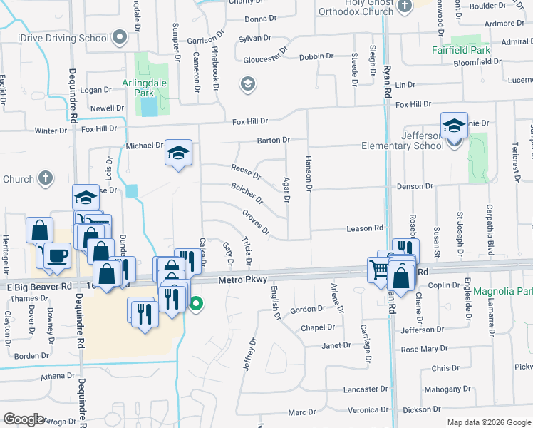 map of restaurants, bars, coffee shops, grocery stores, and more near 3068 Belcher Drive in Sterling Heights