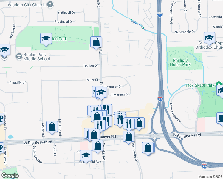 map of restaurants, bars, coffee shops, grocery stores, and more near 963 Banmoor Dr in Troy