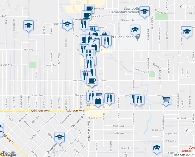 map of restaurants, bars, coffee shops, grocery stores, and more near 1205 Heyburn Ave E in Twin Falls