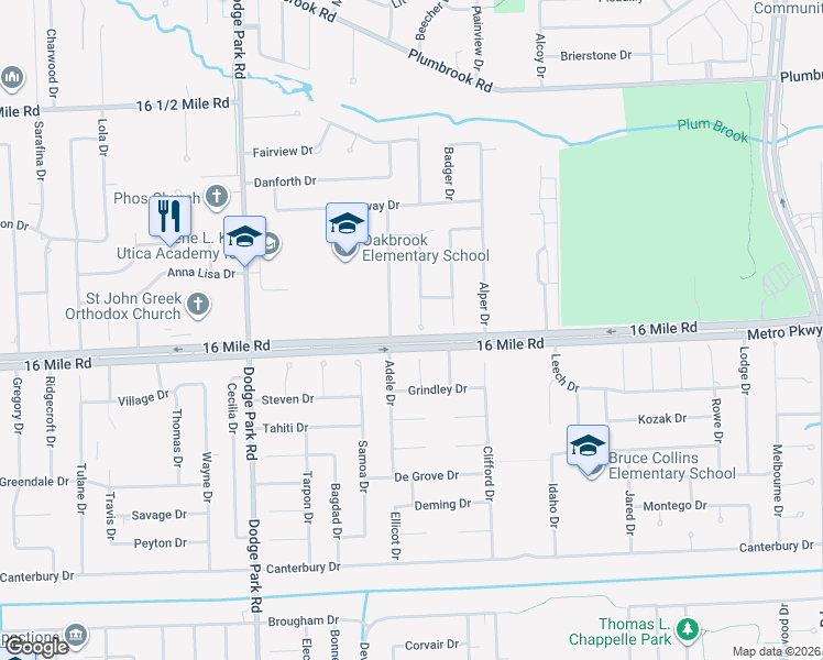 map of restaurants, bars, coffee shops, grocery stores, and more near 37115 Castleton Drive in Sterling Heights