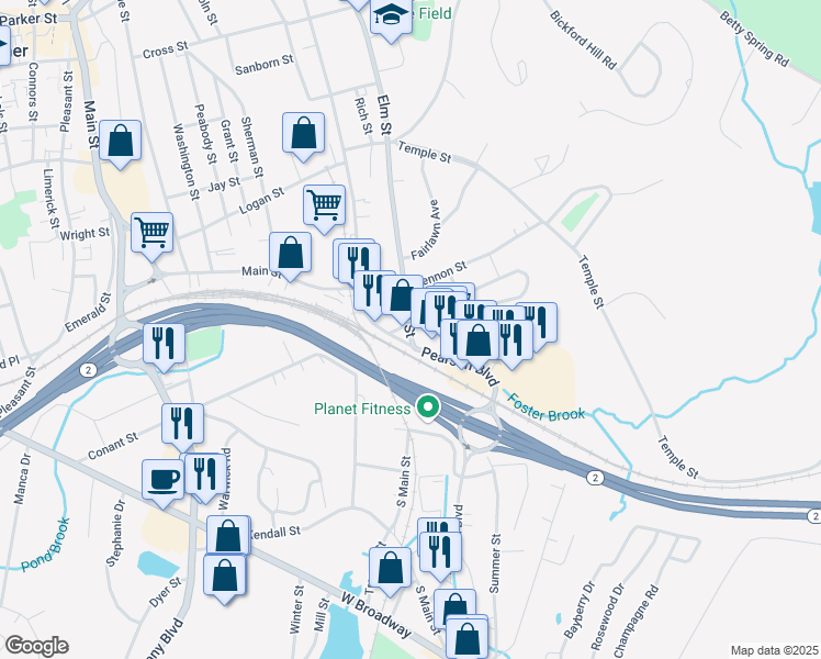 map of restaurants, bars, coffee shops, grocery stores, and more near 22 Union Square in Gardner