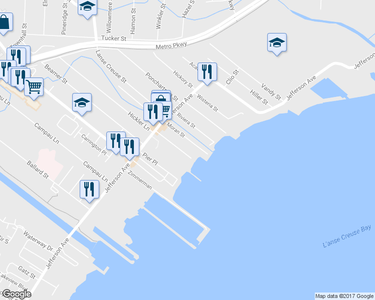 map of restaurants, bars, coffee shops, grocery stores, and more near 27825 Hickler Lane in Harrison charter Township