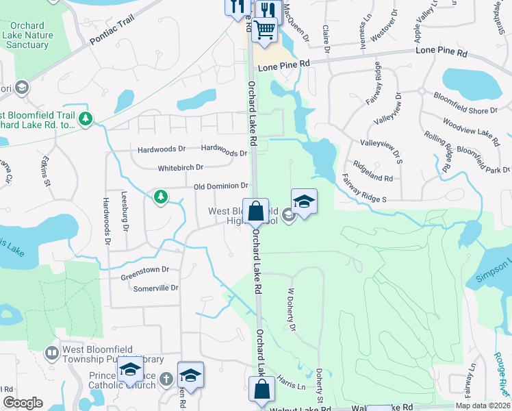 map of restaurants, bars, coffee shops, grocery stores, and more near 4925 Orchard Lake Road in West Bloomfield Township