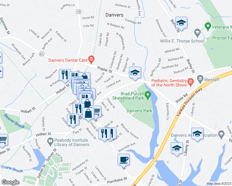 map of restaurants, bars, coffee shops, grocery stores, and more near 35 Conant Street in Danvers