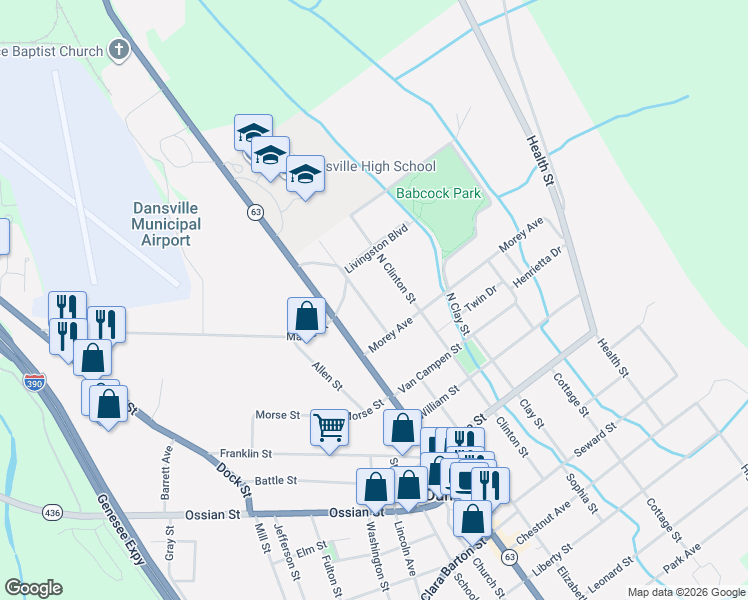 map of restaurants, bars, coffee shops, grocery stores, and more near 12 North Elizabeth Street in Dansville