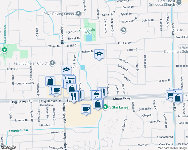 map of restaurants, bars, coffee shops, grocery stores, and more near 37411 Curwood Drive in Sterling Heights