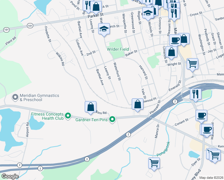 map of restaurants, bars, coffee shops, grocery stores, and more near 216 Leamy Street in Gardner