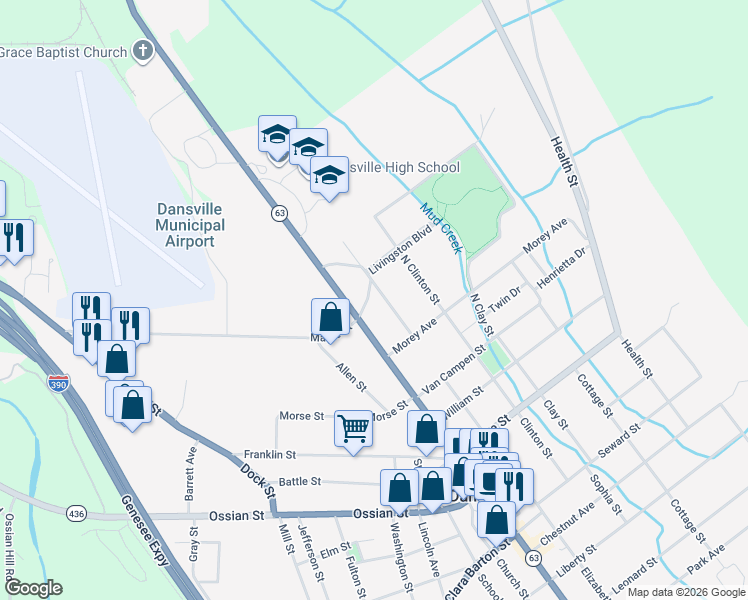 map of restaurants, bars, coffee shops, grocery stores, and more near 12 North Elizabeth Street in Dansville