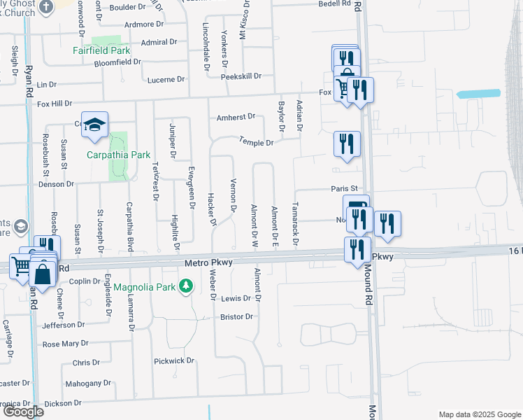 map of restaurants, bars, coffee shops, grocery stores, and more near 37143 Almont Drive West in Sterling Heights