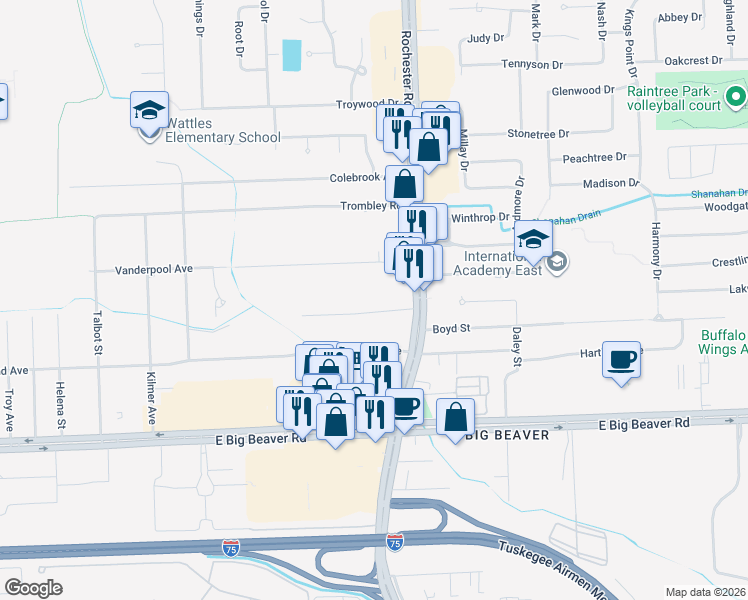 map of restaurants, bars, coffee shops, grocery stores, and more near 935 Harris Drive in Troy