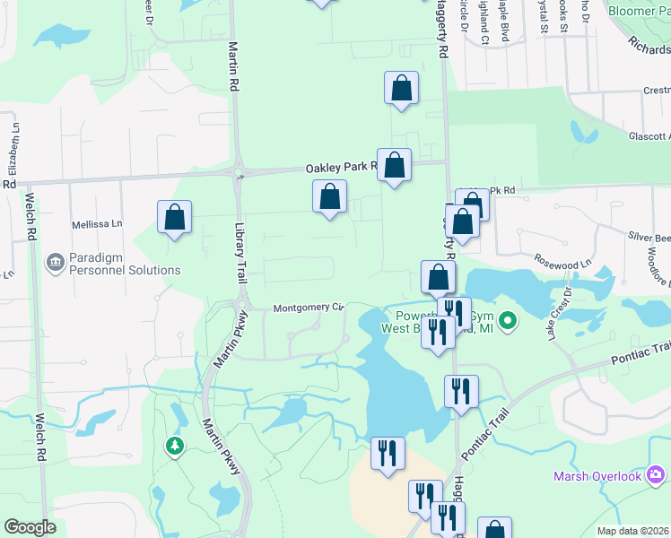 map of restaurants, bars, coffee shops, grocery stores, and more near 3141 Old Farm Lane in Commerce Charter Township