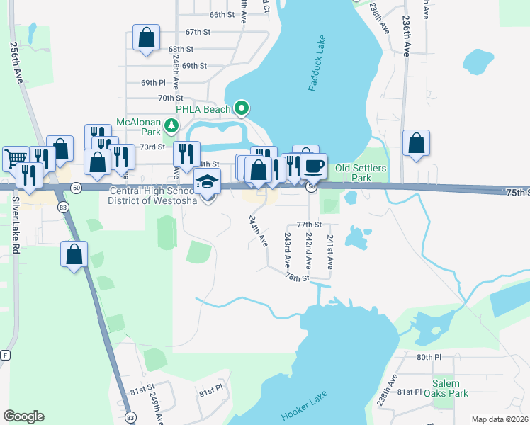 map of restaurants, bars, coffee shops, grocery stores, and more near 7603 244th Avenue in Salem