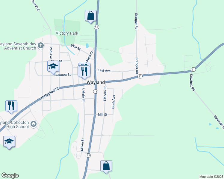 map of restaurants, bars, coffee shops, grocery stores, and more near 9 Shults Street in Wayland