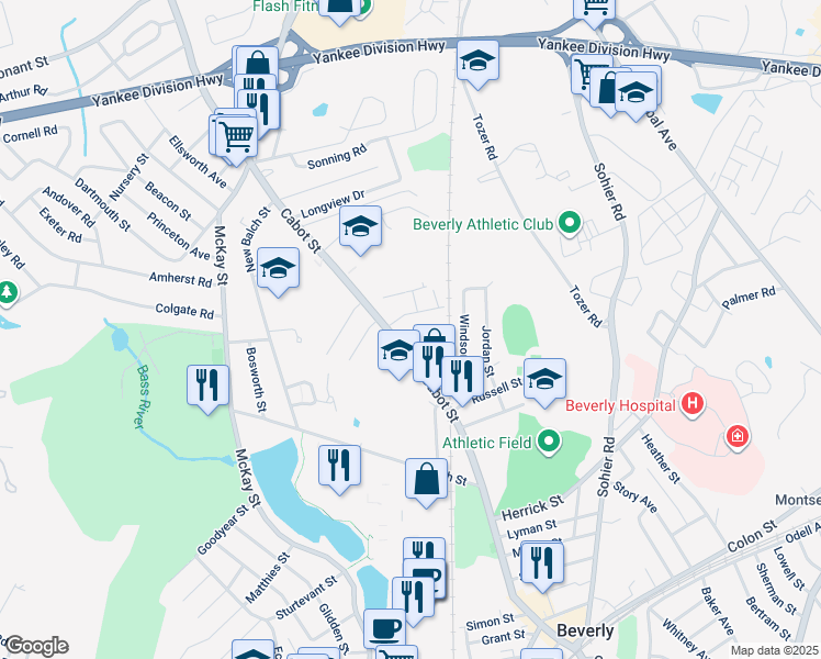 map of restaurants, bars, coffee shops, grocery stores, and more near 4 Roosevelt Avenue in Beverly