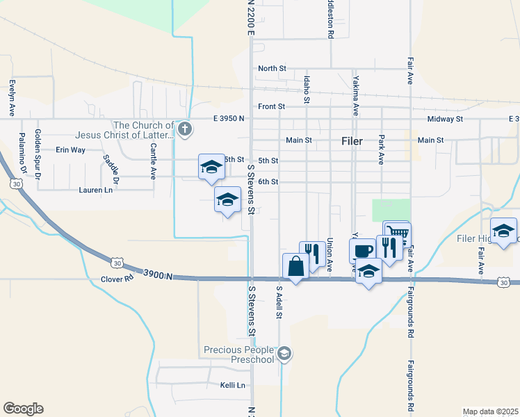 map of restaurants, bars, coffee shops, grocery stores, and more near 701 Stevens Avenue in Filer