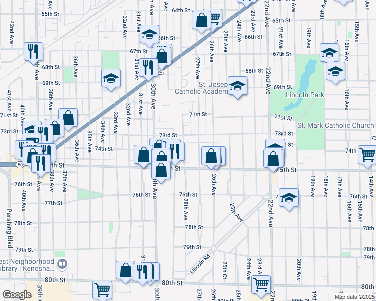 map of restaurants, bars, coffee shops, grocery stores, and more near 7400 28th Avenue in Kenosha