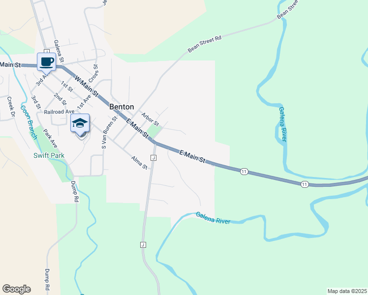 map of restaurants, bars, coffee shops, grocery stores, and more near 460 East Main Street in Benton