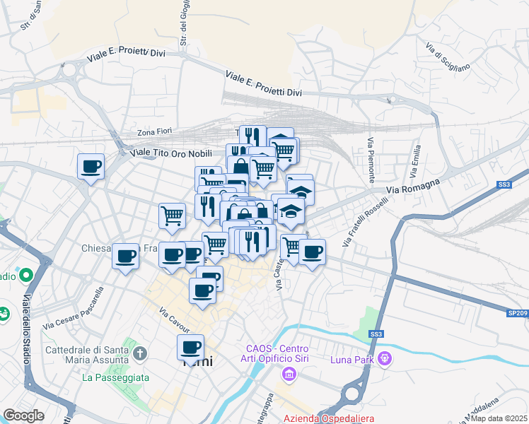 map of restaurants, bars, coffee shops, grocery stores, and more near 4 Via Aulo Pompeo in Terni