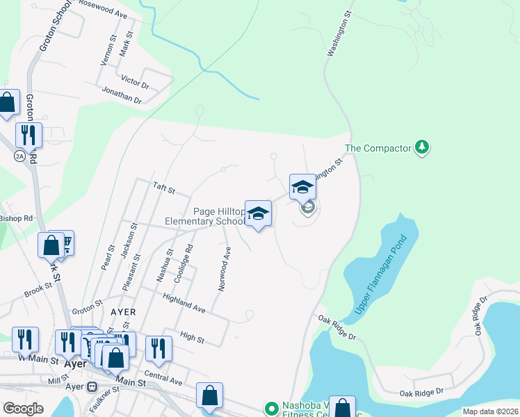 map of restaurants, bars, coffee shops, grocery stores, and more near 114 Washington Street in Ayer