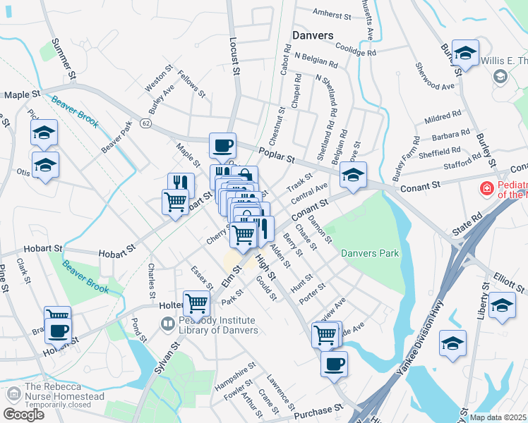 map of restaurants, bars, coffee shops, grocery stores, and more near 13 Cottage Avenue in Danvers