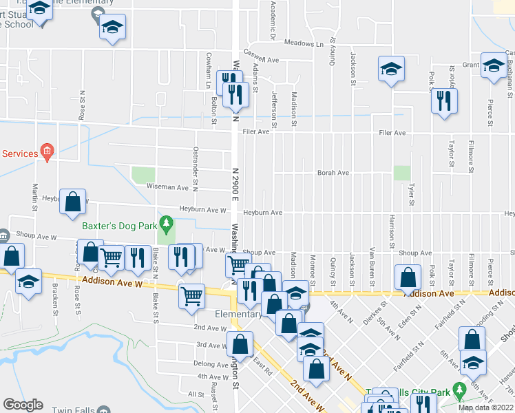 map of restaurants, bars, coffee shops, grocery stores, and more near 312 Adams Street in Twin Falls