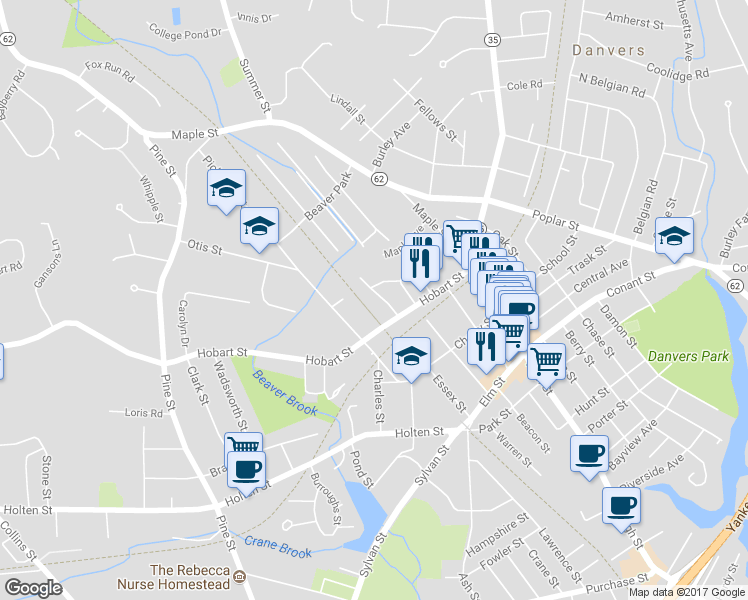map of restaurants, bars, coffee shops, grocery stores, and more near 12 Andrews Street in Danvers