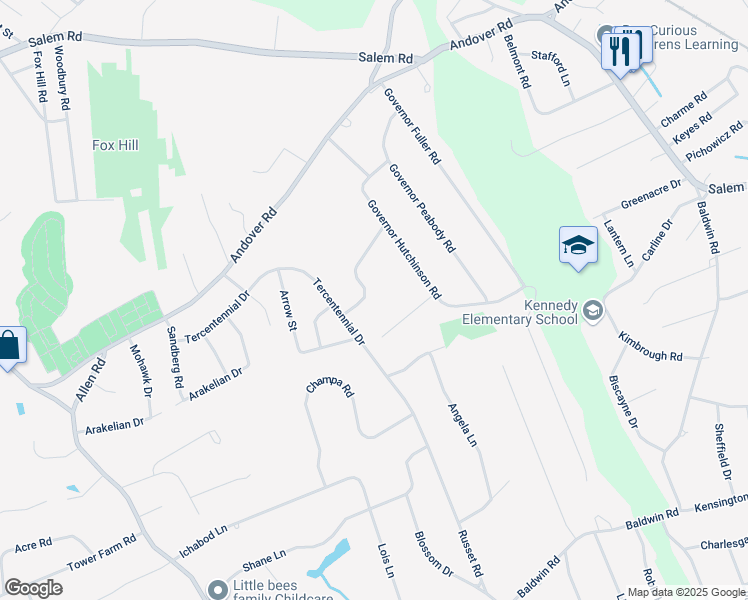 map of restaurants, bars, coffee shops, grocery stores, and more near 12 Governor Saltonstall Road in Billerica