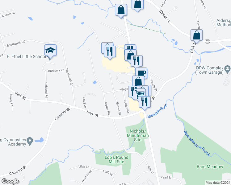 map of restaurants, bars, coffee shops, grocery stores, and more near 19 Eames Street in North Reading