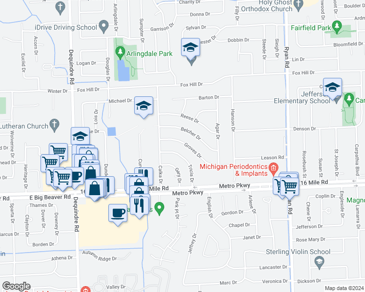 map of restaurants, bars, coffee shops, grocery stores, and more near 2914 Groves Drive in Sterling Heights