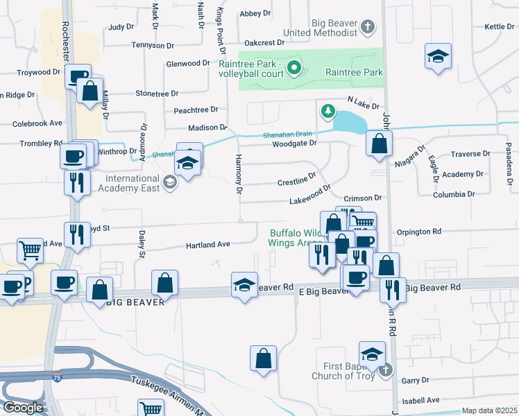 map of restaurants, bars, coffee shops, grocery stores, and more near 1580 Lakewood Drive in Troy