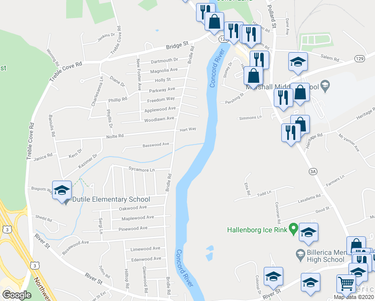 map of restaurants, bars, coffee shops, grocery stores, and more near 95 1/2 Bridle Road in Billerica