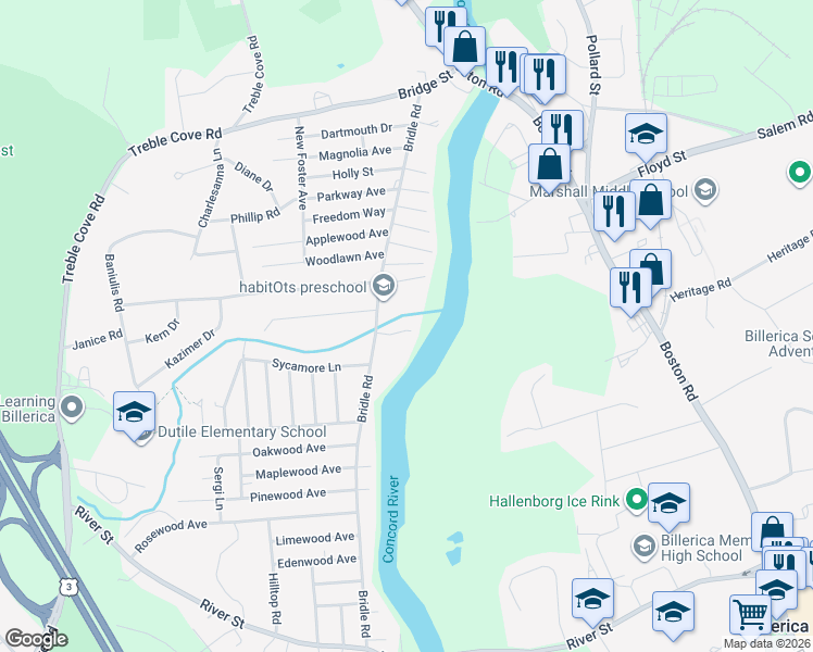 map of restaurants, bars, coffee shops, grocery stores, and more near 95 1/2 Bridle Road in Billerica
