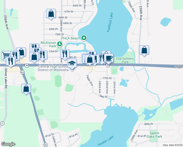 map of restaurants, bars, coffee shops, grocery stores, and more near 7603 244th Avenue in Salem Lakes
