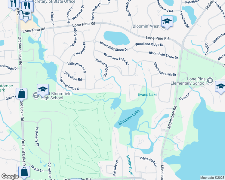 map of restaurants, bars, coffee shops, grocery stores, and more near 4932 Fairway Ridge Circle in West Bloomfield Township