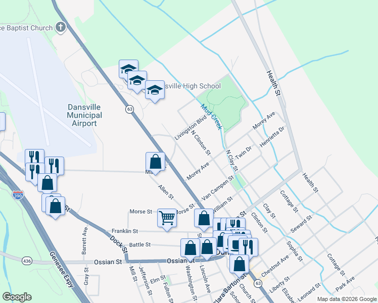 map of restaurants, bars, coffee shops, grocery stores, and more near 12 North Elizabeth Street in Dansville