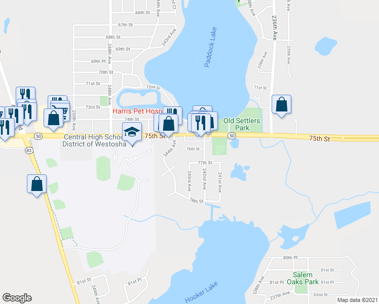 map of restaurants, bars, coffee shops, grocery stores, and more near 24227 76th Street in Salem
