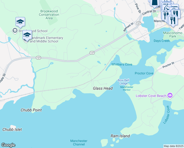 map of restaurants, bars, coffee shops, grocery stores, and more near 40 Harbor Street in Manchester-by-the-Sea