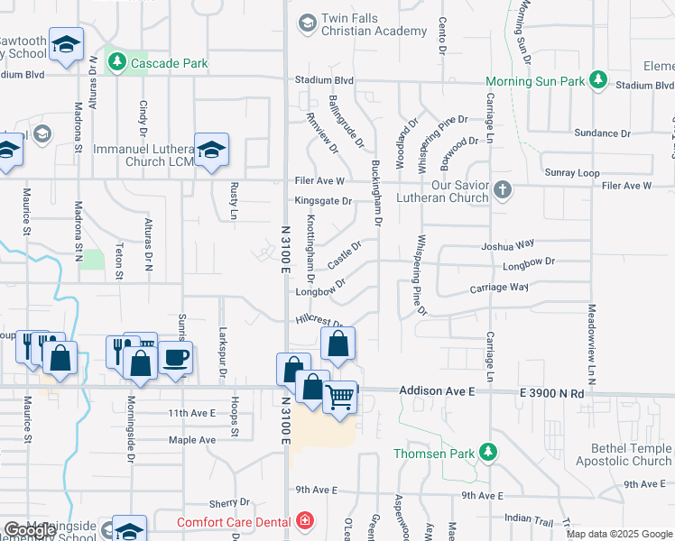 map of restaurants, bars, coffee shops, grocery stores, and more near 2285 Longbow Drive in Twin Falls