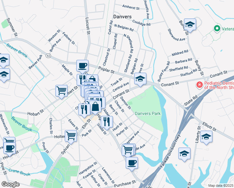 map of restaurants, bars, coffee shops, grocery stores, and more near 40 Franklin Street in Danvers