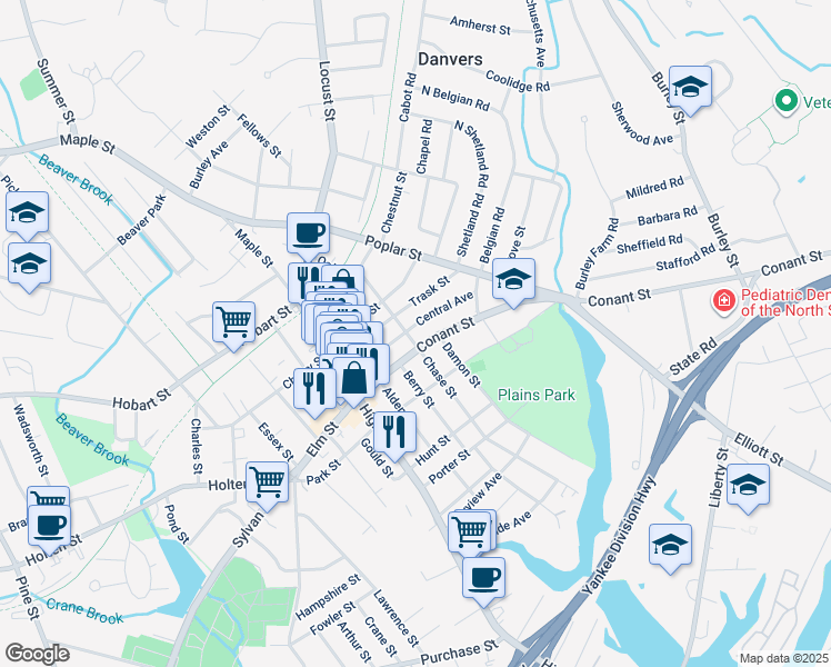 map of restaurants, bars, coffee shops, grocery stores, and more near 40 Franklin Street in Danvers