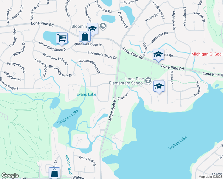 map of restaurants, bars, coffee shops, grocery stores, and more near 5070 Champlain Circle in West Bloomfield Township