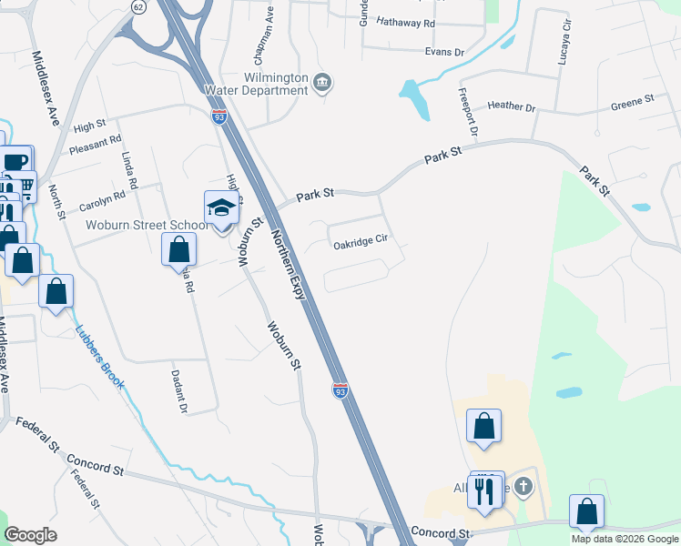 map of restaurants, bars, coffee shops, grocery stores, and more near 22 Marcus Road in Wilmington